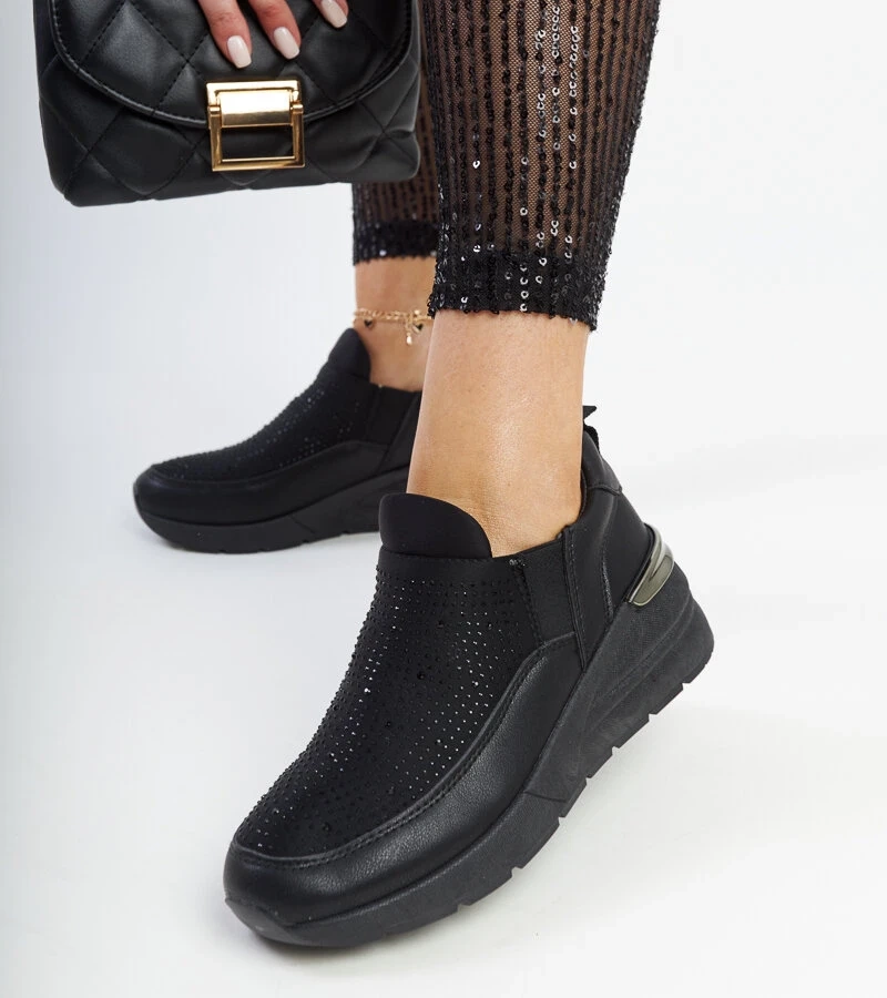Sneakers negri cu platforma și cu zirconii Ashleey