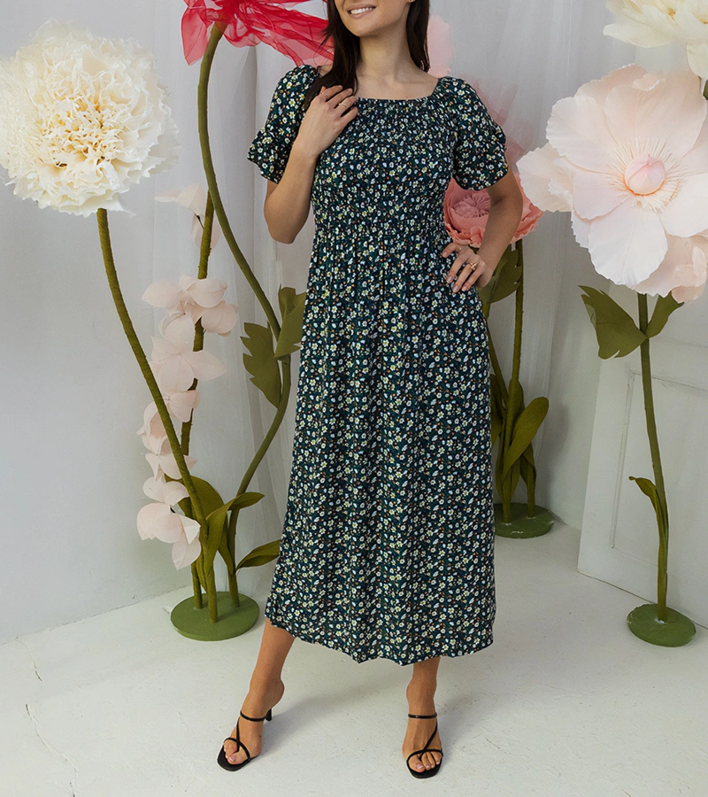 Rochie maxi Marcello cu flori albastru marin