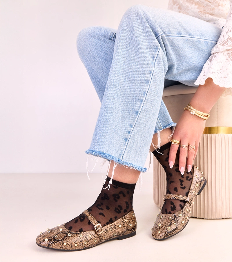 Balerini maro cu model de piele de șarpe decorați cu perle Selena