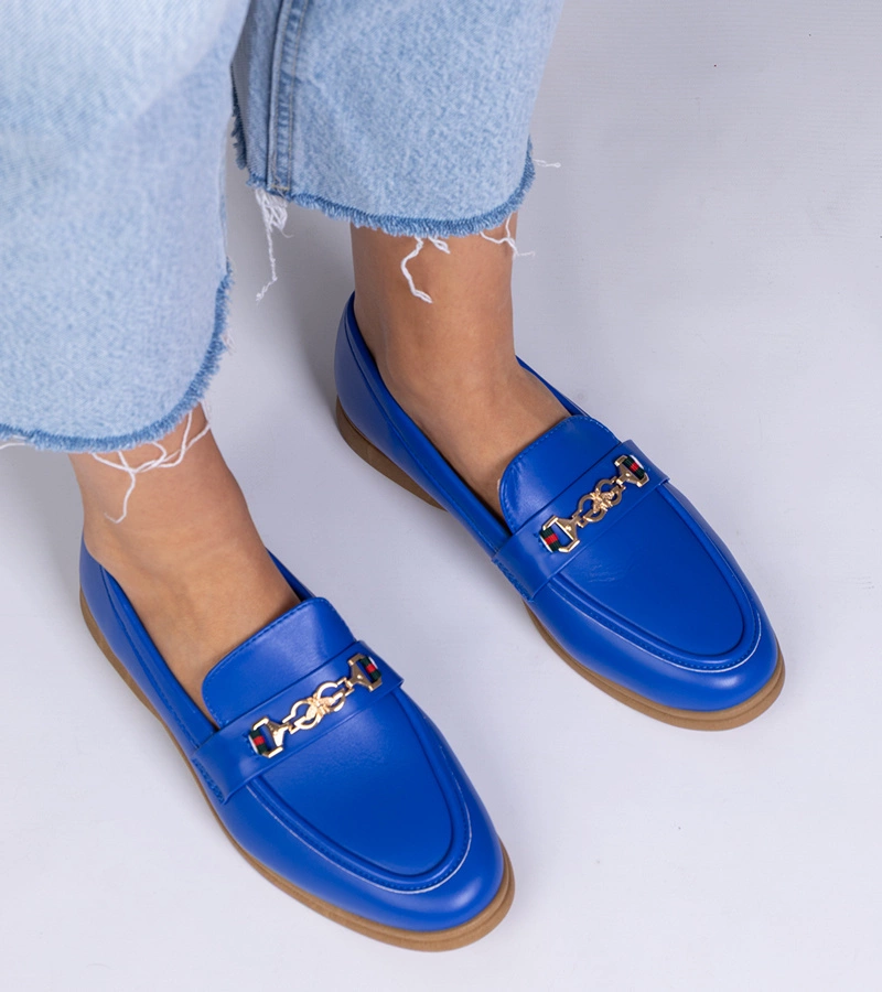 Mocasini albaștri cu ornament auriu Feola