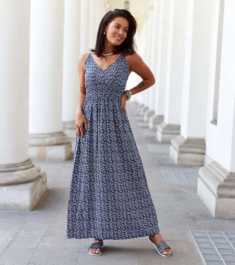 Rochie maxi cu flori albastru marin Esperia