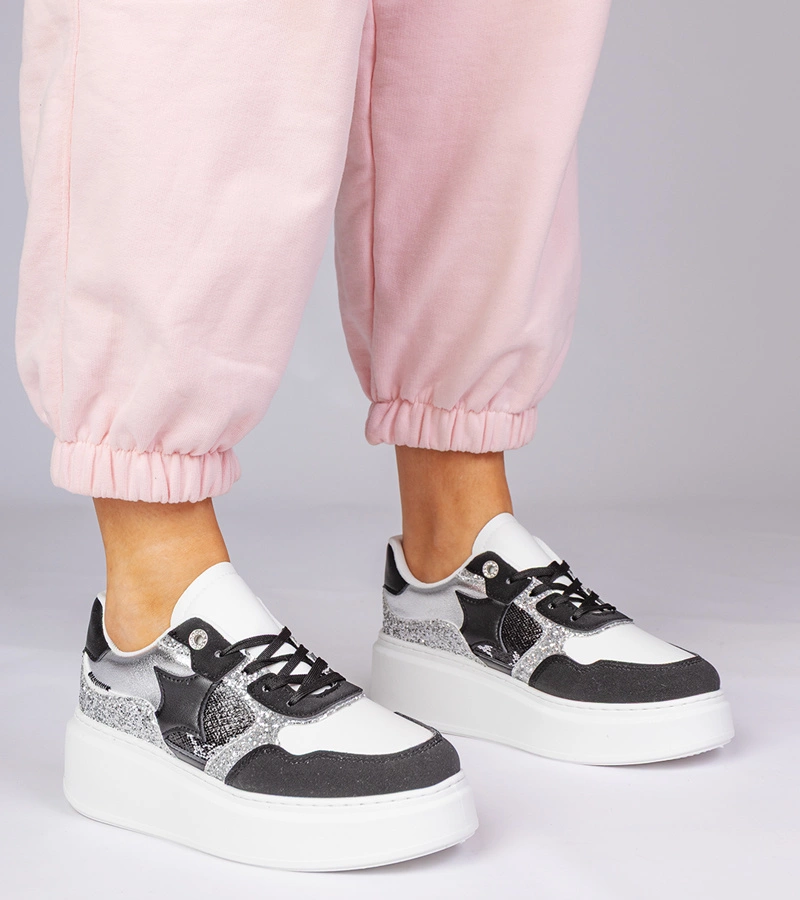 Adidași negri cu sclipici și imprimeu animal Bertula