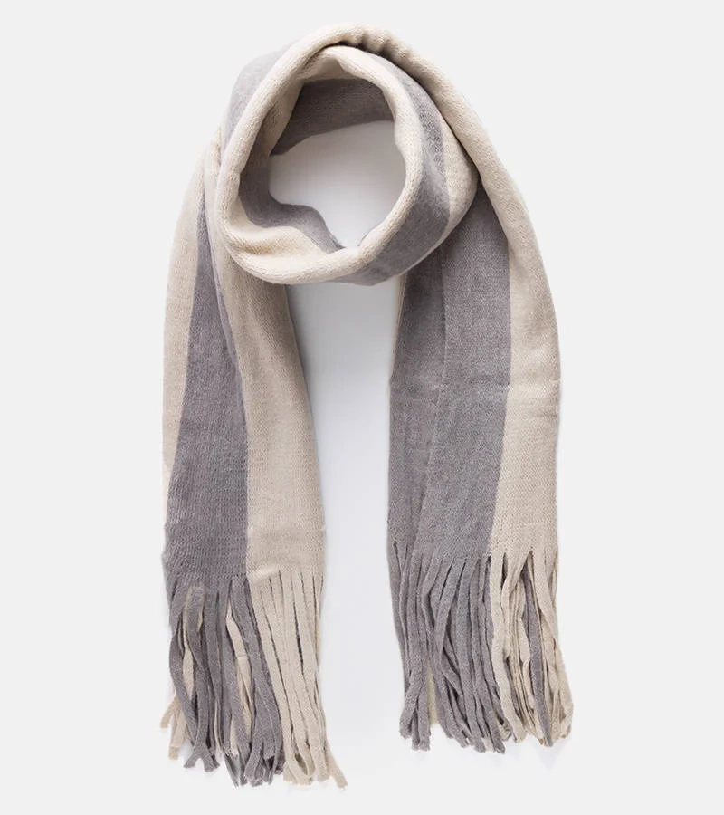 Eșarfă cu franjuri bej și gri Lana