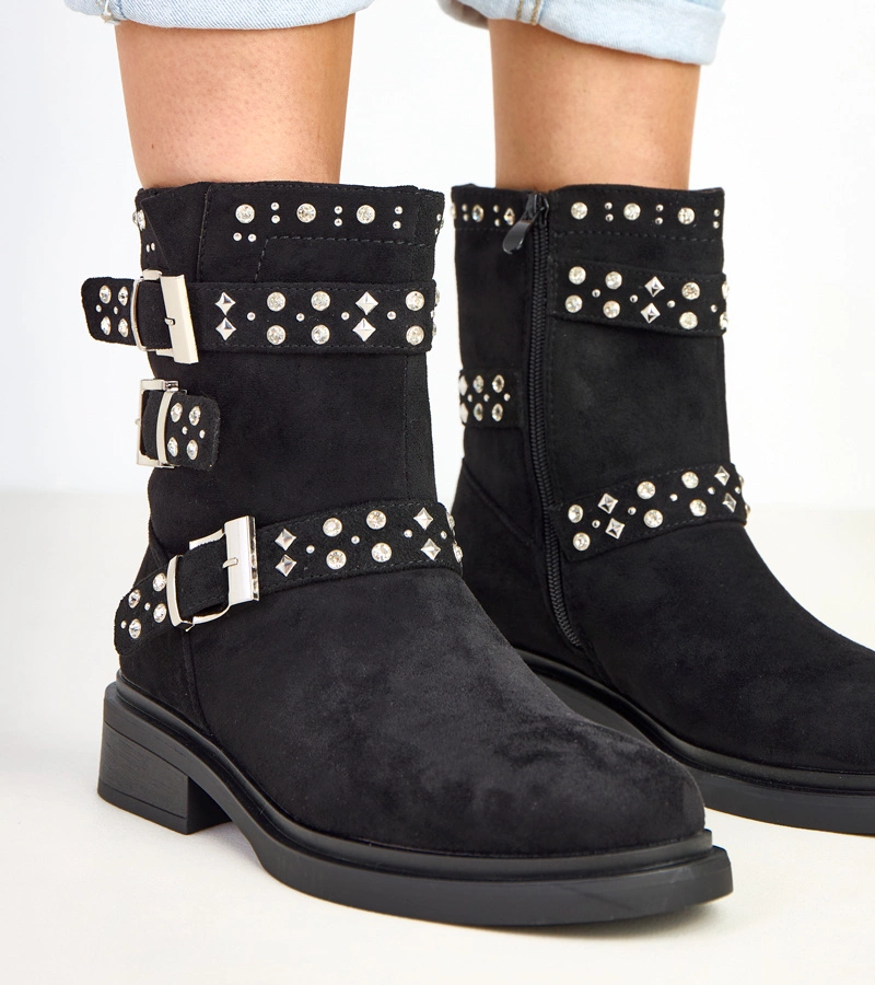 Botine negre cu zirconii cu toc jos Brosca