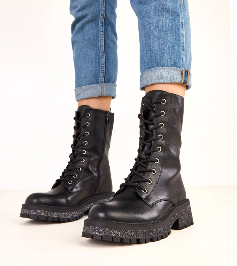 Botine negre pe platformă cu talpă decorativă Asevie