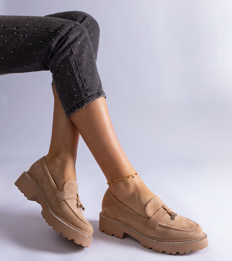 Mocasini bej din piele ecologică întoarsă Henley