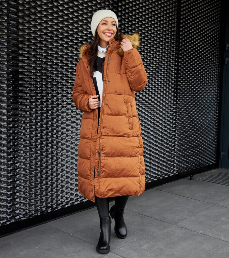 Palton lung cu glugă, maro închis