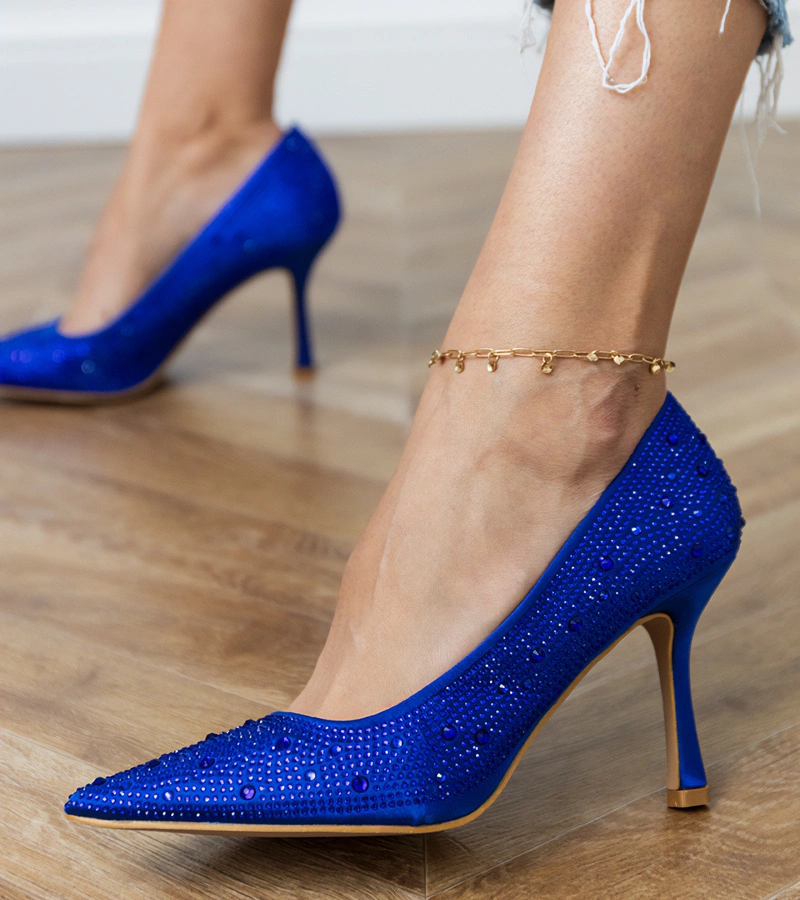 Pantofi din satin albastru cu pietre de zirconiu Kortis