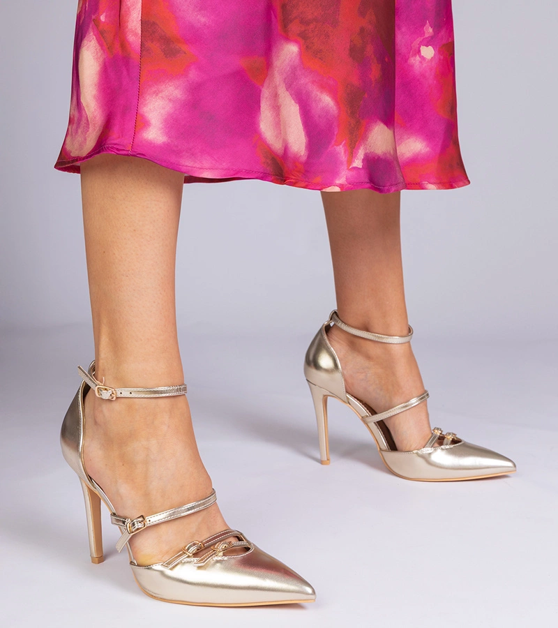 Pantofi aurii cu toc cui și închidere în jurul gleznei Levita