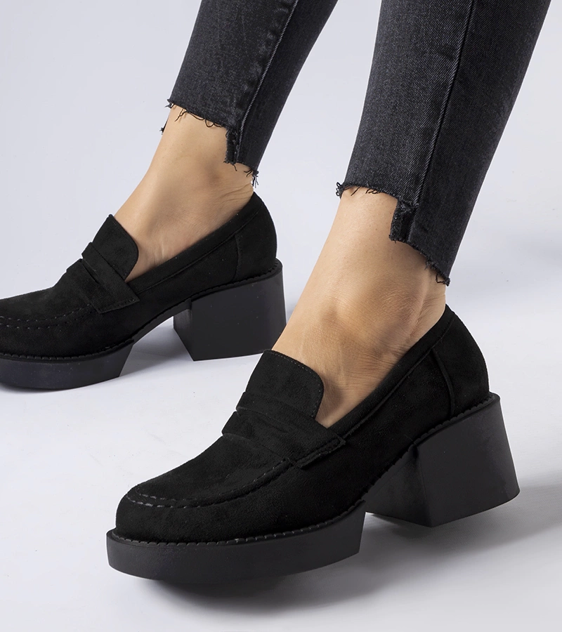 Mocasini negri cu toc din piele ecologică Gaspare