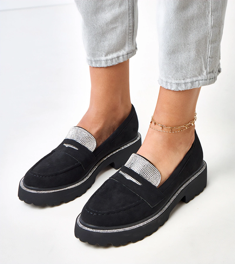 Mocasini negri din piele ecologică întoarsă decorați cu zirconii Kloren