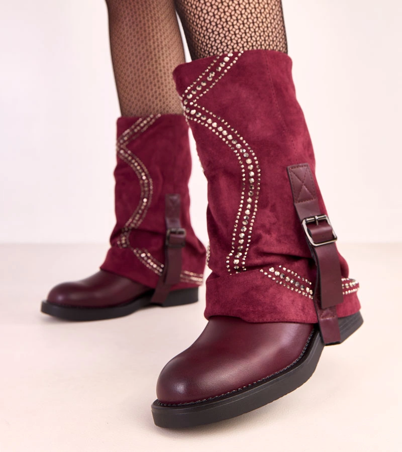 Ghete bordo cu caramb răsfrânt decorate cu strasuri Ginny