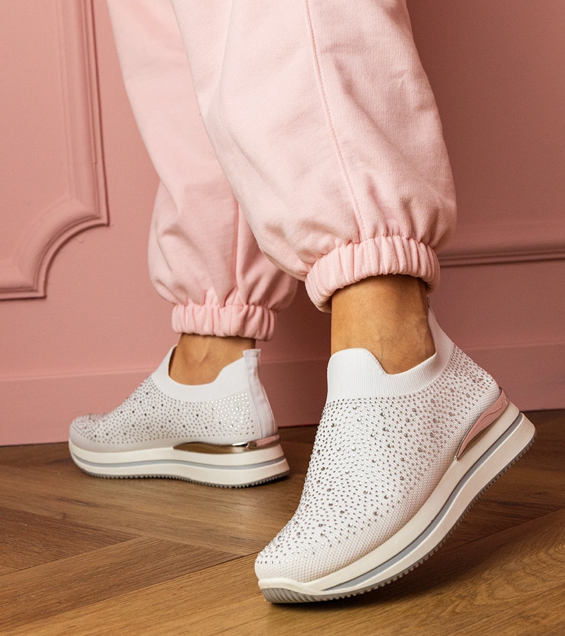 Pantofi sport albi pentru femei cu platformă și pietre Luizet