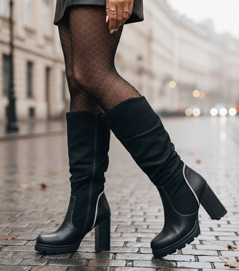 Cizme negre cu toc gros decorate cu cristale Simreta