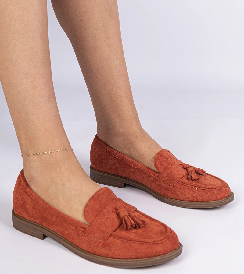 Mocasini portocalii de damă din piele ecologică întoarsă cu franjuri Marimel