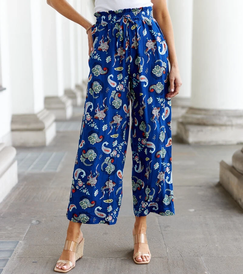 Pantaloni largi cu flori albastre Palermo