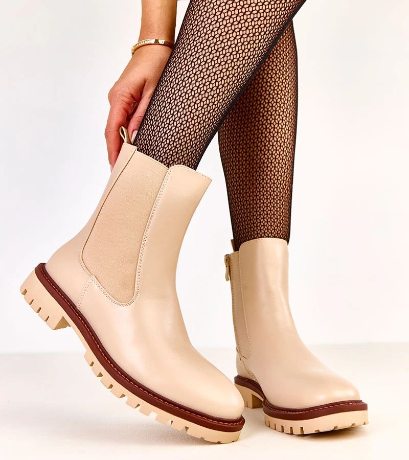 Botine bej pe talpă plată cu inserție elastică Terrami