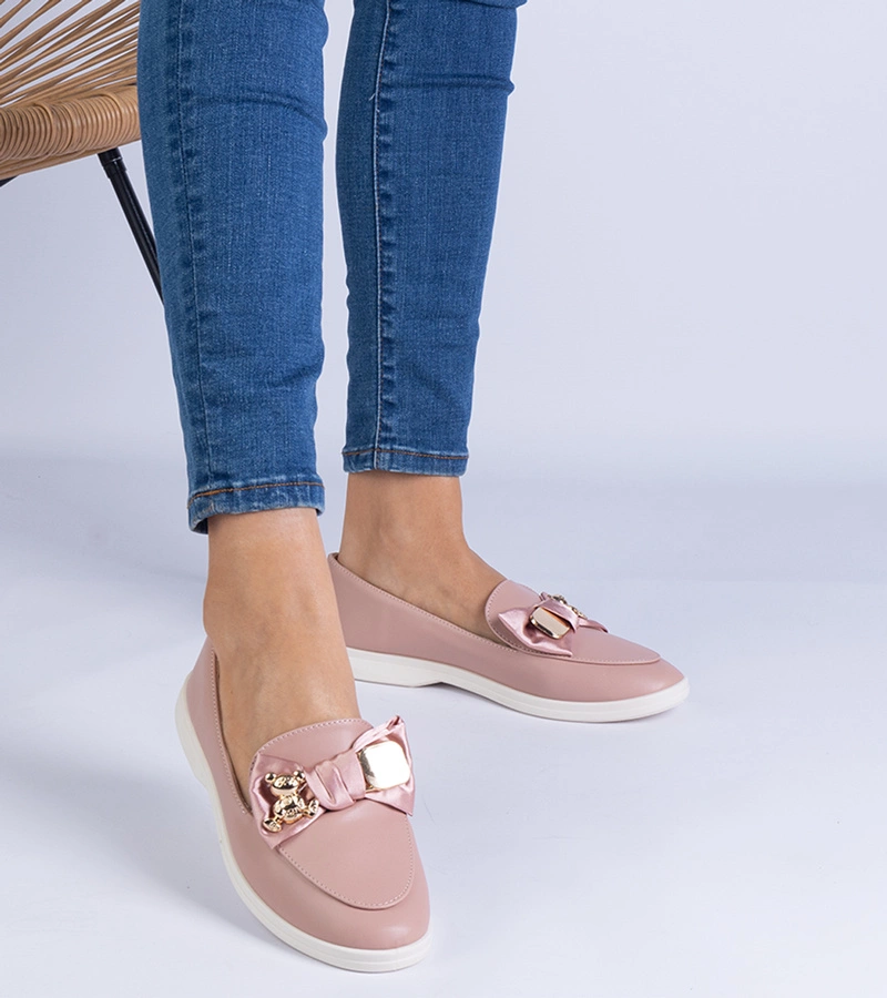 Mocasini roz cu fundiță și ursuleț auriu Nensi