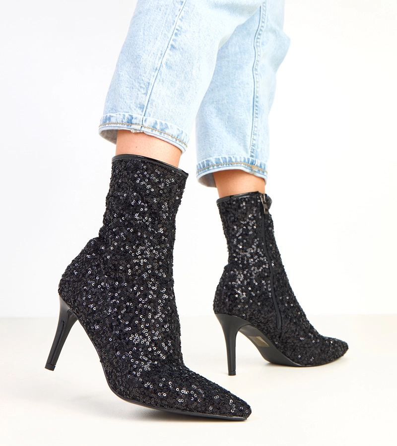 Botine negre cu finisaj paiete pe toc subțire Venda