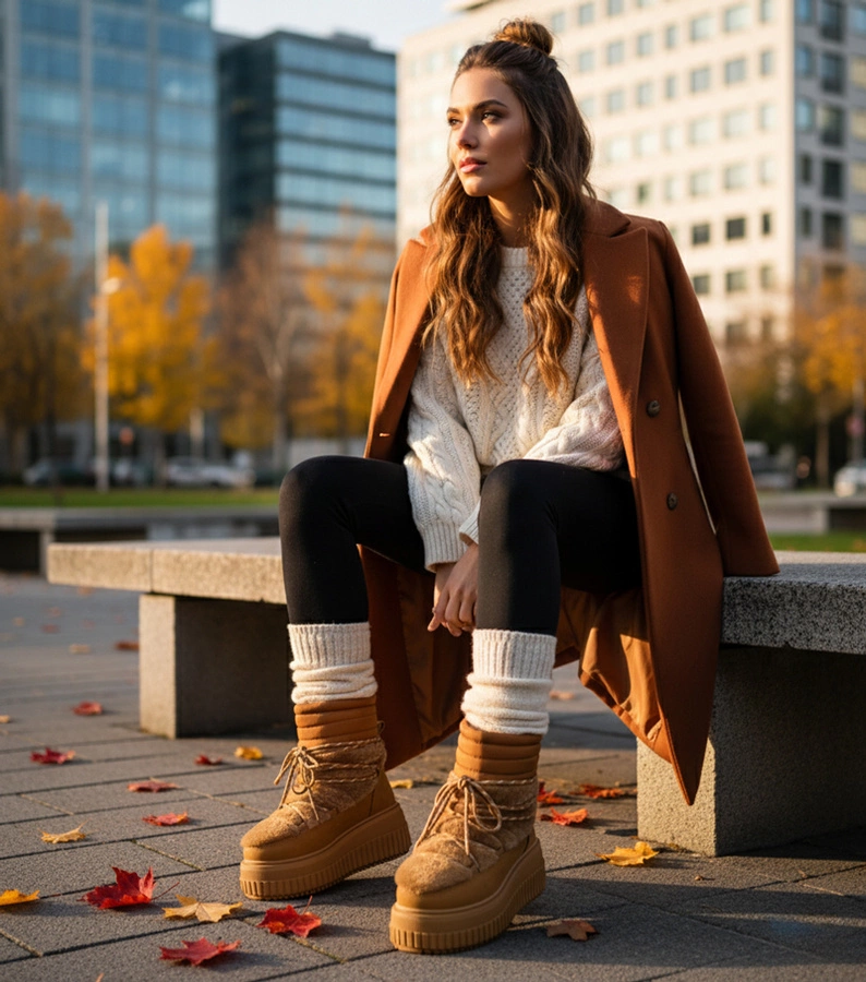 Cizme de zăpadă maro pe platformă cu blăniță cu șireturi Lydia