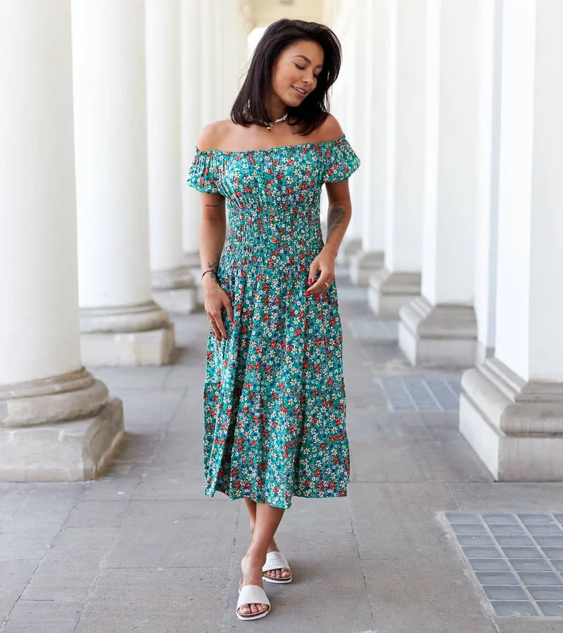 Rochie midi verde cu flori de Rosanna