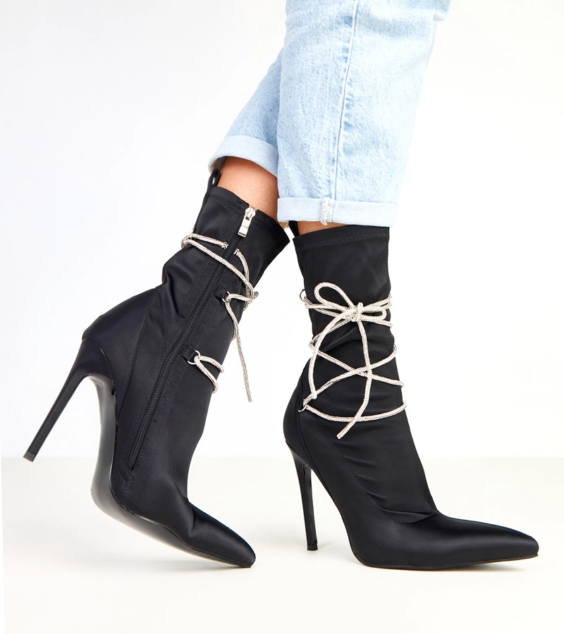 Cizme negre din satin cu toc decorate cu strasuri Tolnai