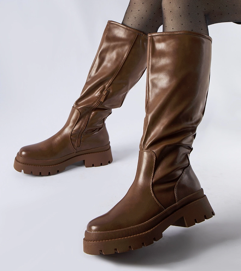 Cizme clasice maro cu toc jos Christien