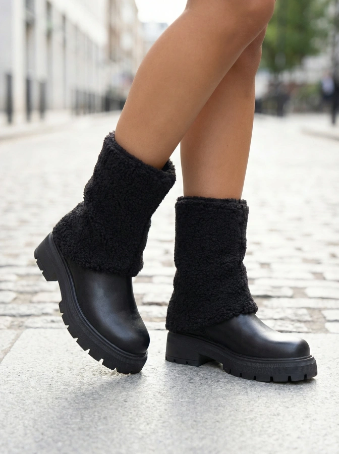 Botine negre cu caramb răsfrânt din material Darlene