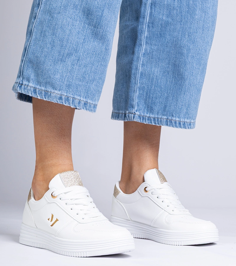 Adidași albi de damă cu sclipici auriu Emilia