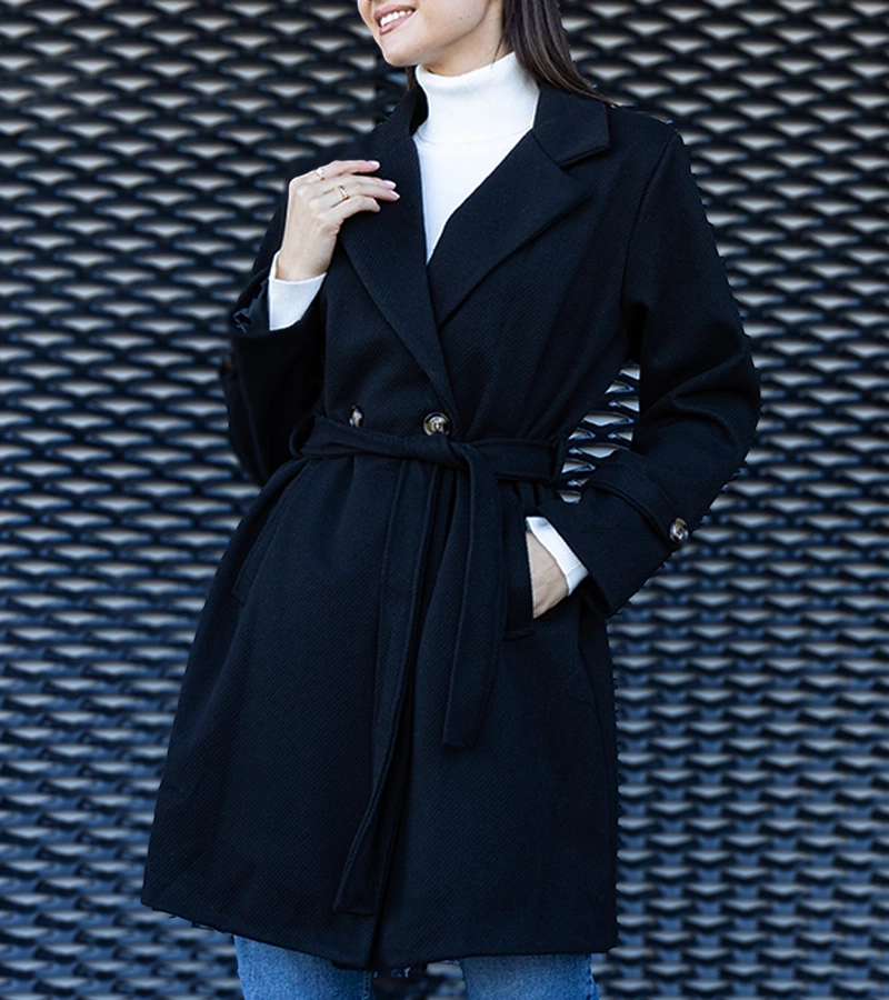 Pardesi elegant negru, oversized, cu legare Bahera.