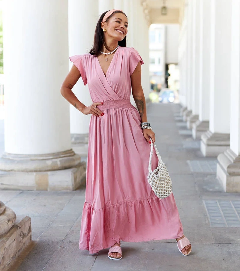 Rochie maxi roz cu pliuri de Chiusa