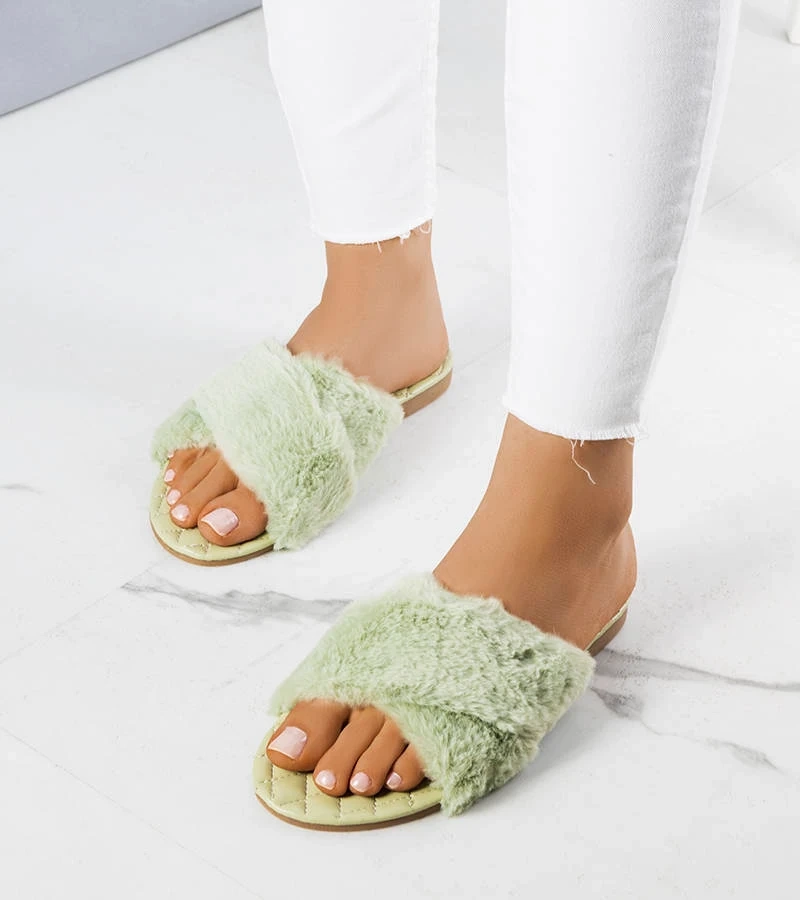 Șlapi verzi cu blană Karsyn