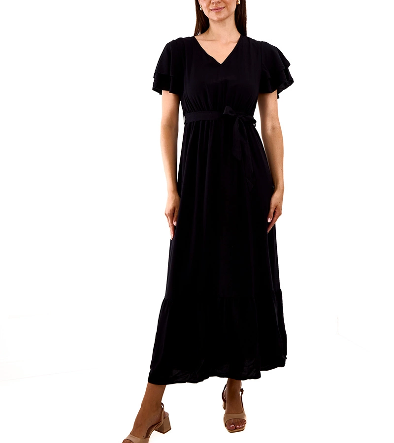 Rochie maxi neagră cu mâneci scurte Akina