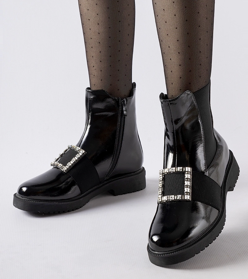 Botine negre lacuite cu zirconii Lisandro