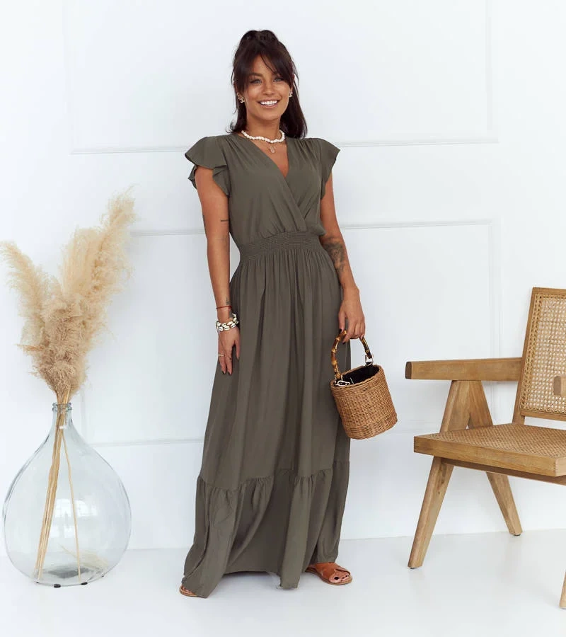 Rochie maxi verde cu pliuri Mila