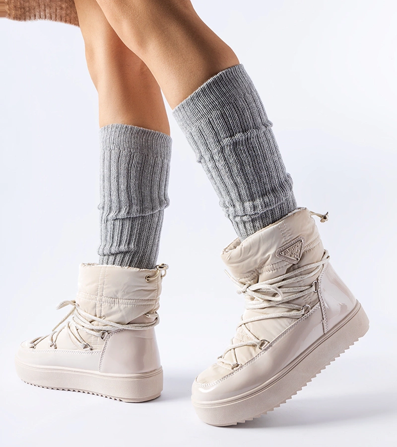 Cizme de iarnă bej, lacuite, cu elastic - Calogero