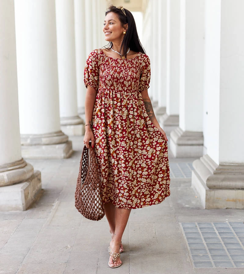 Rochie midi roșie cu flori Cocci