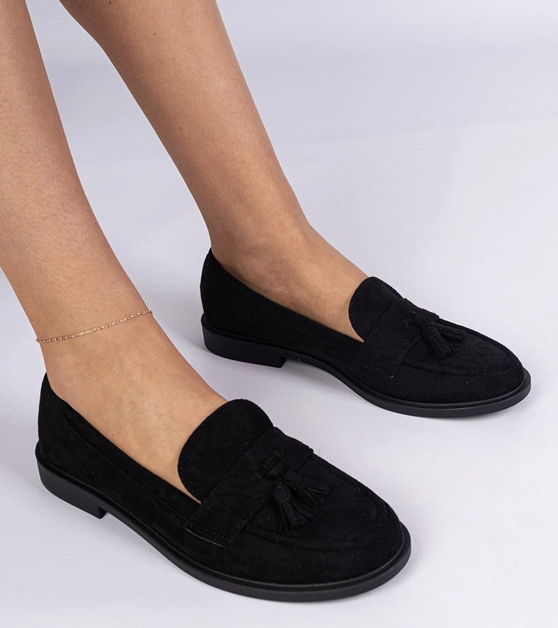 Mocasini negri de damă din piele ecologică întoarsă cu franjuri Marimel