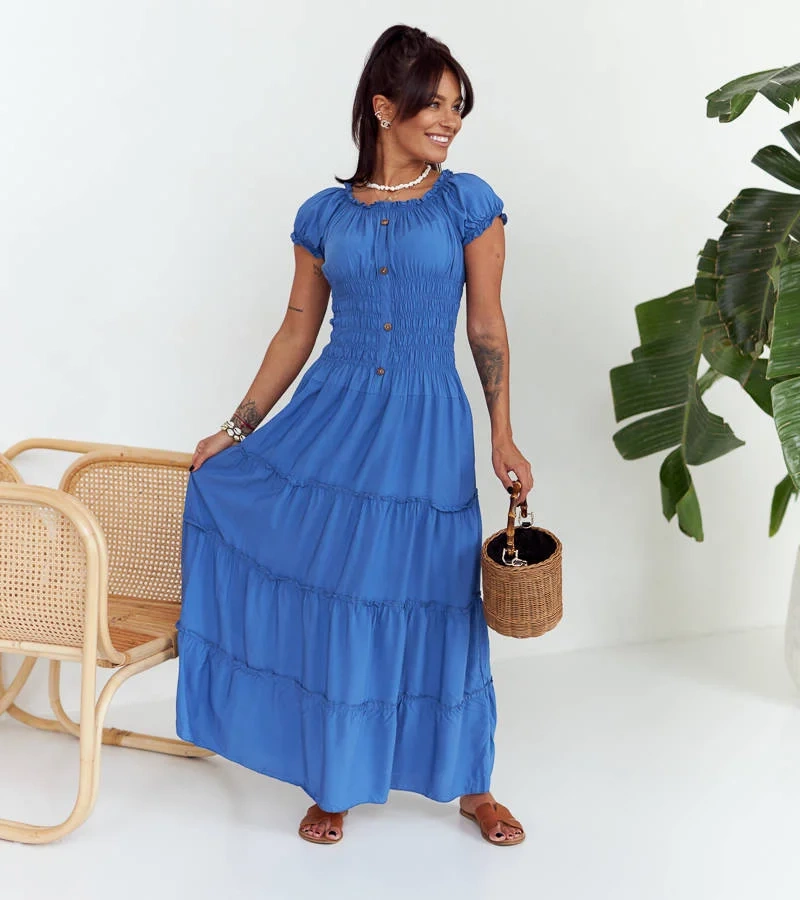 Rochie maxi albastră cu pliuri Elenna