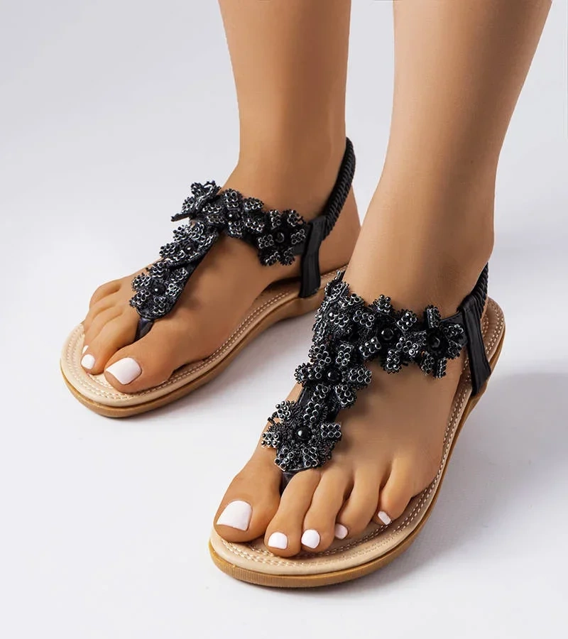 Sandale negre cu ornament floral Hervieux