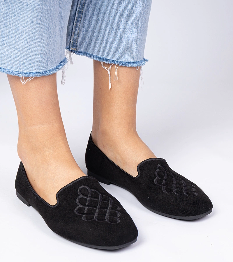 Balerini negri de damă din piele ecologică întoarsă cu broderie Ronna