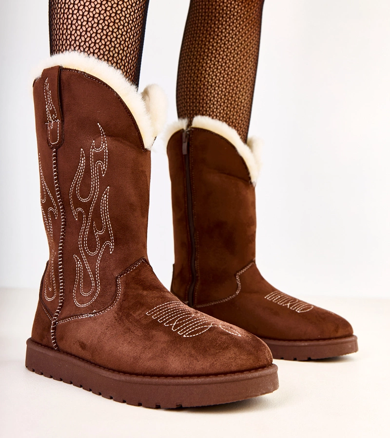 Cizme de zăpadă maro cu broderie pe carâmb Darena