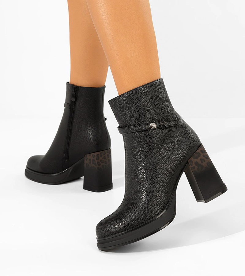Botine negre cu toc gros decorat cu imprimeu leopard Brenna