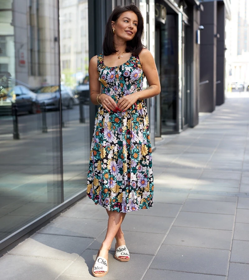 Rochie midi neagră cu flori Kiera