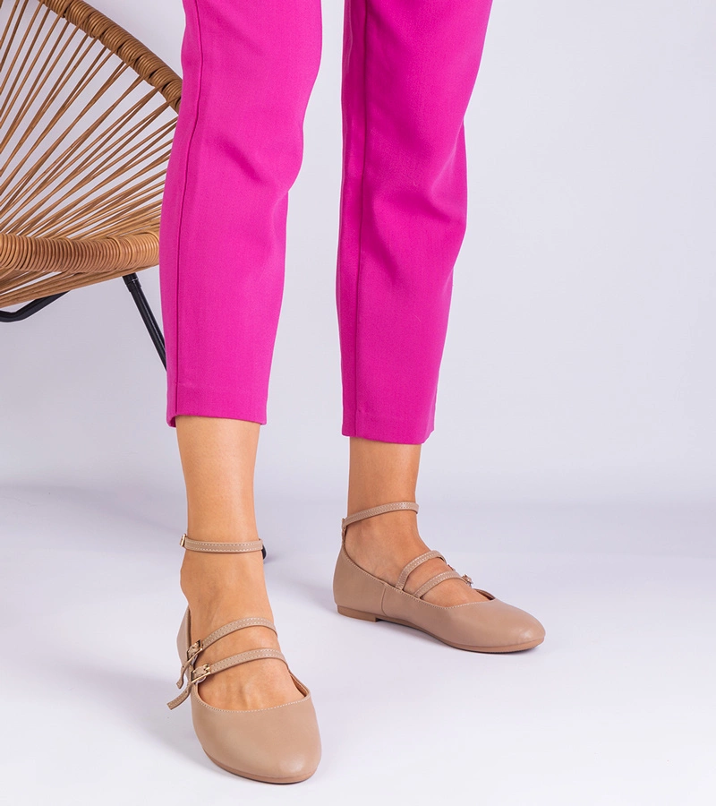 Balerini bej din piele ecologică cu catarame Vitoldora