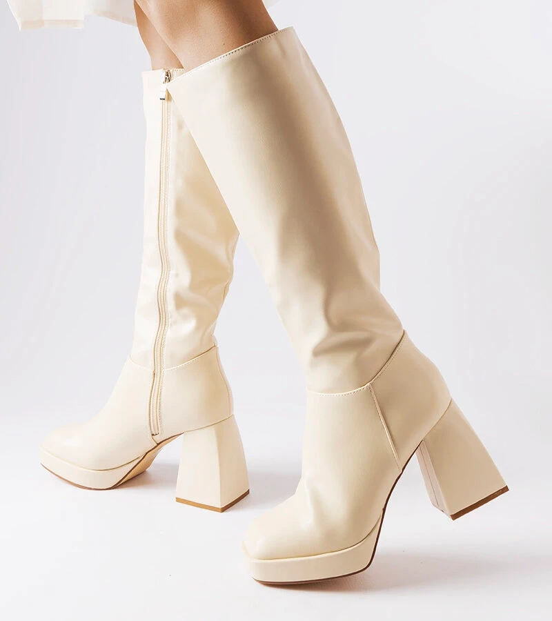 Cizme bej Villanova cu toc stiletto solid