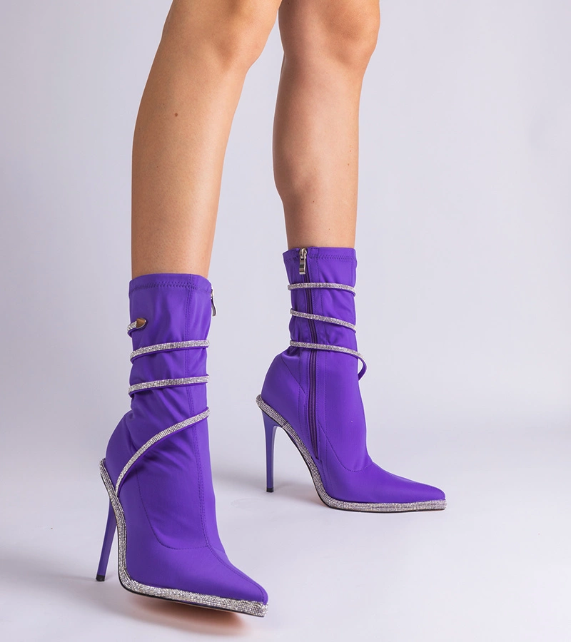 Botine violet din satin decorate cu pietre strălucitoare Elegance