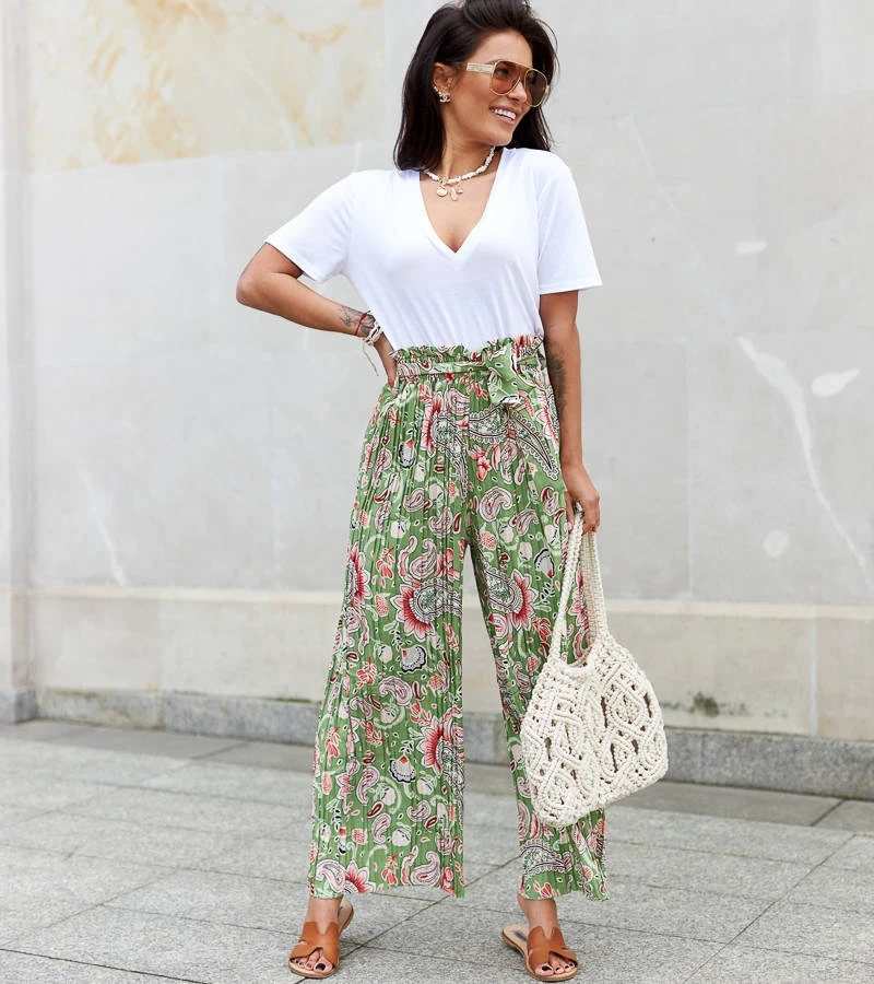 Pantaloni largi cu pliuri largi pentru femei, de culoare verde, Sanaa