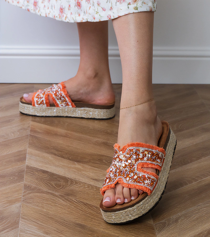 Papuci espadrile portocalii cu zirconii și pietricele Najros