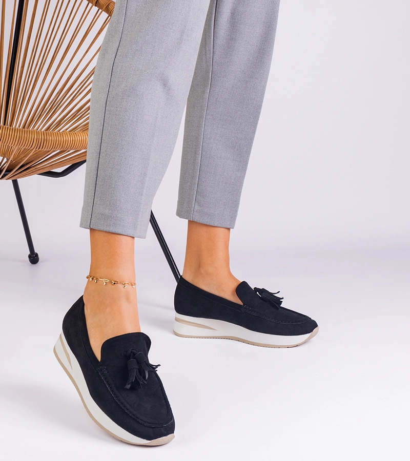 Mocasini negri pentru femei pe platformă cu ornament Selerina